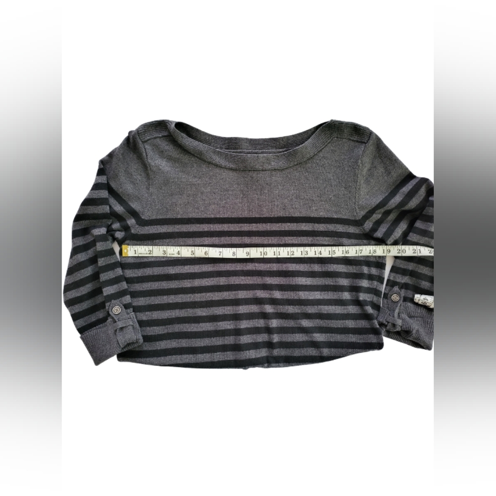 Karen Scott Black and Dark gray striped Boat neck ¾ sleeve Sweater. Misses L - Picture 5 of 6